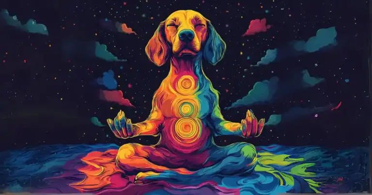 Meditating dog with colorful chakras representing healing energy for pets.