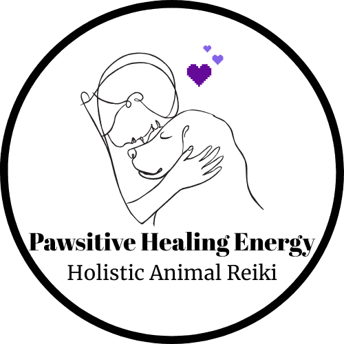 Pawsitive Healing Energy logo featuring gentle hands holding a dog with purple hearts, representing holistic Animal Reiki healing services