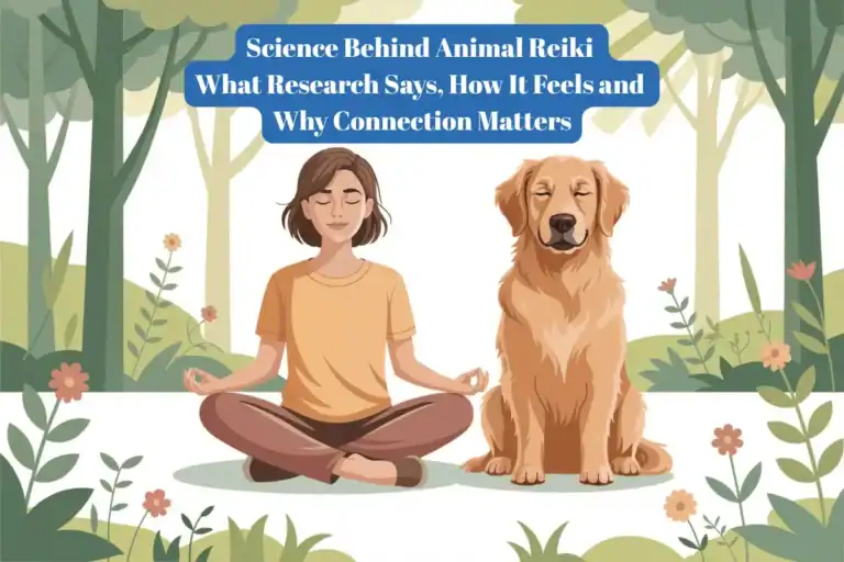 Illustration of a person meditating with a golden retriever, surrounded by nature and healing symbols, representing the spiritual and practical benefits of animal Reiki for pets and caregivers.